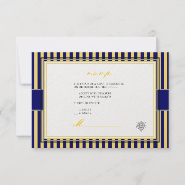 Plain yellow+navy blue stripes rsvp invitations