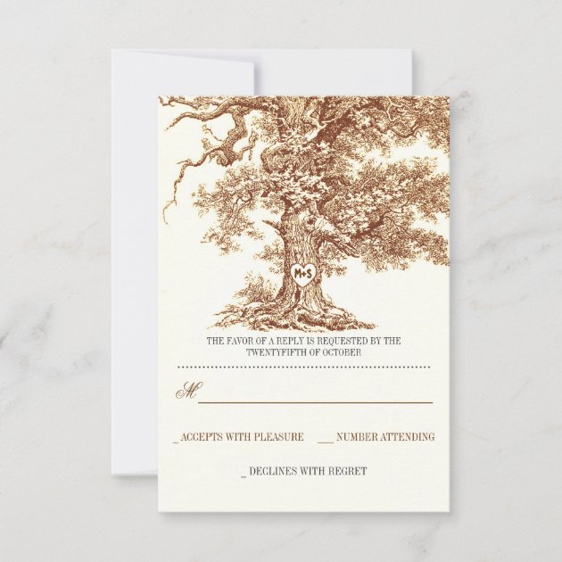 brown old tree rustic wedding RSVP cards (front side)