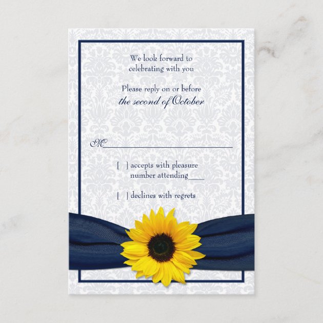 Sunflower Navy Damask Floral Wedding RSVP Card