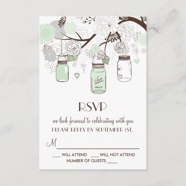 Mint Green Floral Mason Jars Wedding RSVP Card