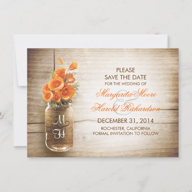 Mason jar and orange flowers save the date cards