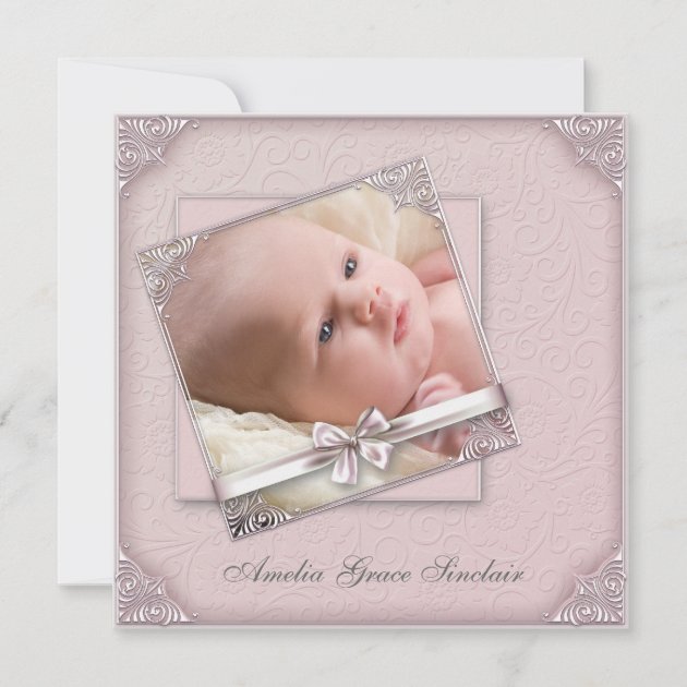 Pink Damask Girl Photo Birth Announcement