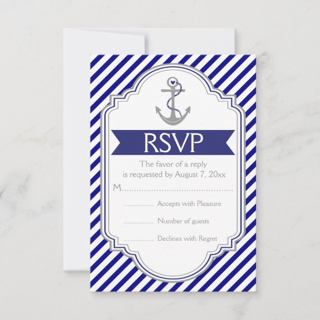 Navy blue, white anchor nautical wedding RSVP (front side)