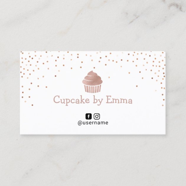 Bakery Rose Gold Cupcake Modern Confetti Business Card (front side)