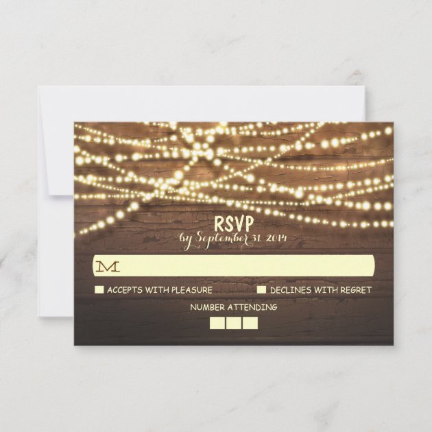 String Lights Wooden Rustic Wedding RSVP Card