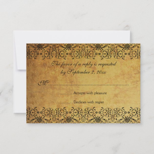 Vintage faded black gold damask wedding RSVP card