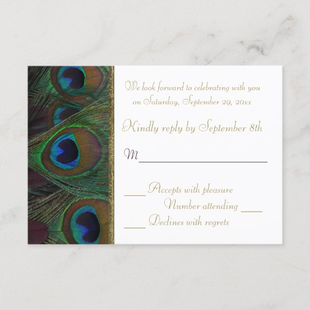 Plum, Gold Peacock Feathers RSVP Card