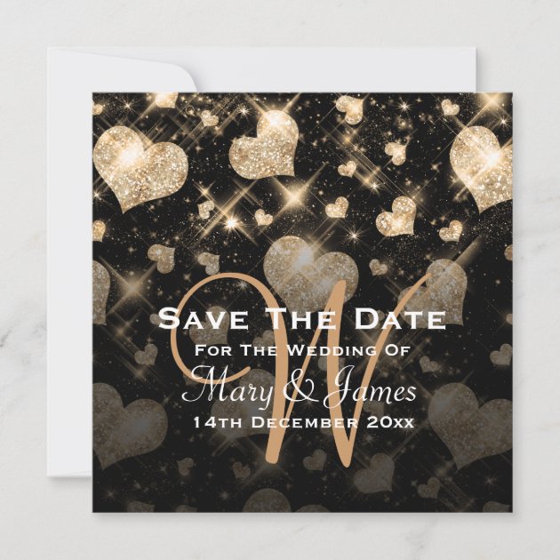 Elegant Wedding Save The Date Glitter Hearts Gold