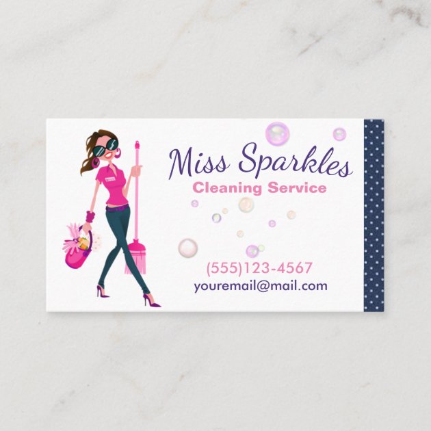 Cute Trendy Cartoon Maid House Cleaning Services Business Card (front side)