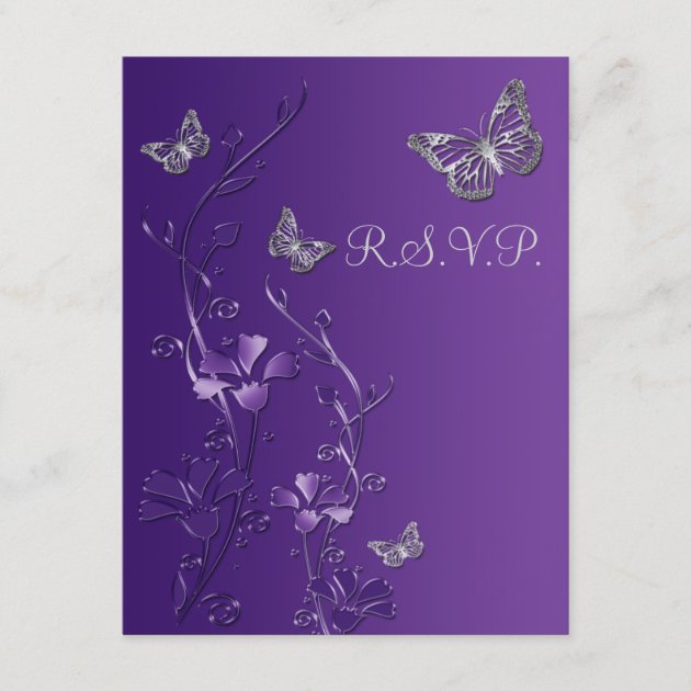 Purple, Gray Floral with Butterflies RSVP Card 2