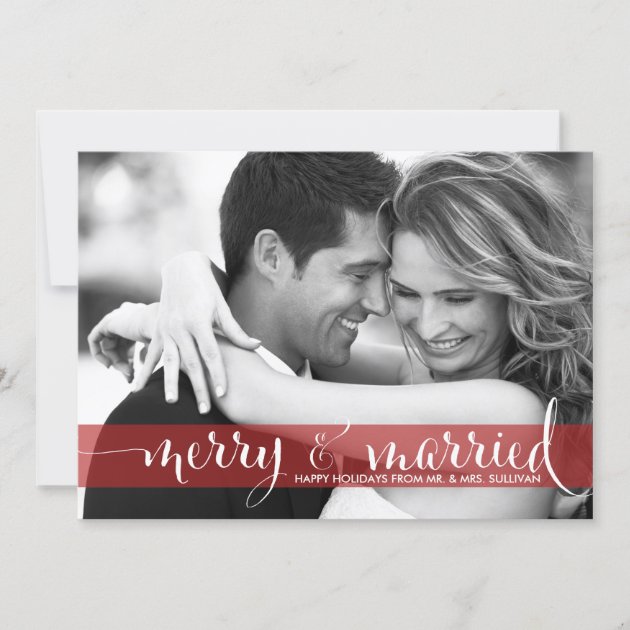 Red Merry and Married Script Holiday Photo Card (front side)