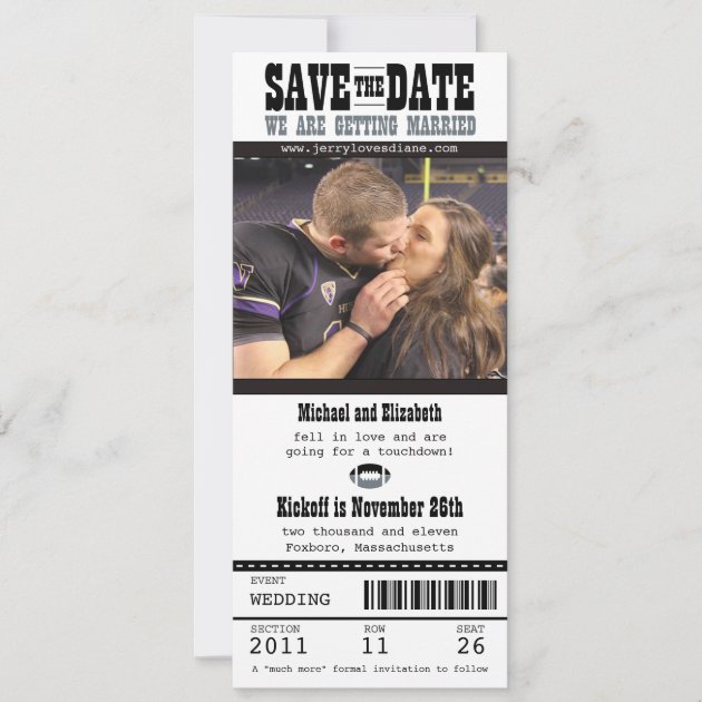 Wedding Save the Date Football Ticket (front side)