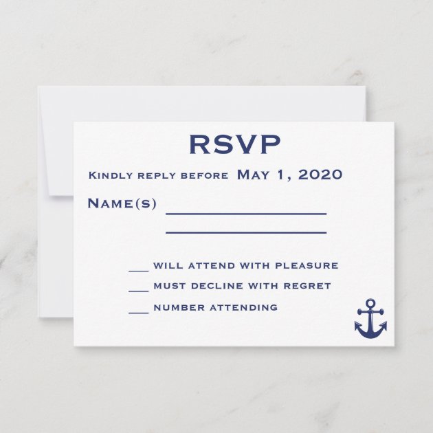 Navy Blue Nautical Wedding RSVP Card With Anchor (front side)