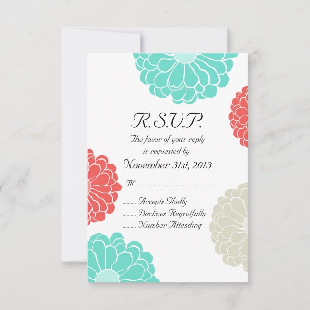 Turquoise Coral Zinnia Flower Wedding RSVP (front side)