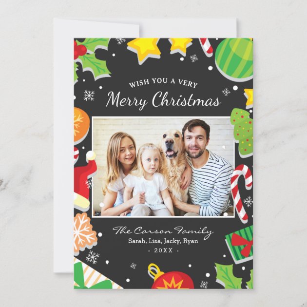 Colorful Merry Christmas Elements Family Photo Holiday Card (front side)
