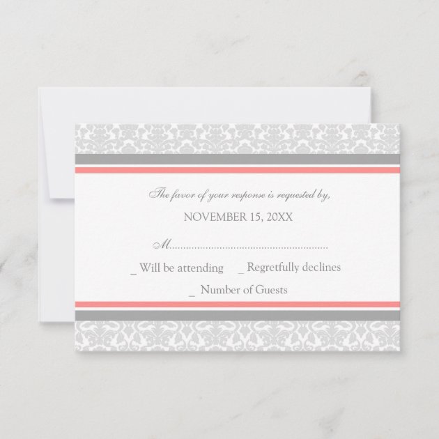 Coral Gray Damask RSVP Wedding Card (front side)