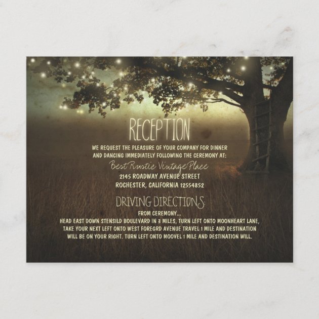 tree of lights rustic wedding reception enclosure card