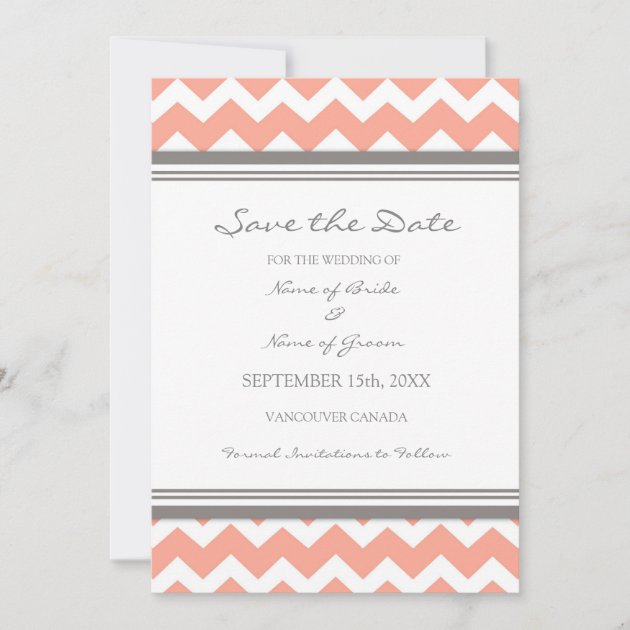 Coral Grey Chevron Photo Wedding Save the Date (front side)