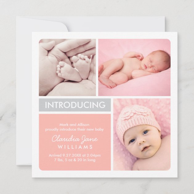 Multi-Photo Birth Announcement Card | Blush Gray (front side)