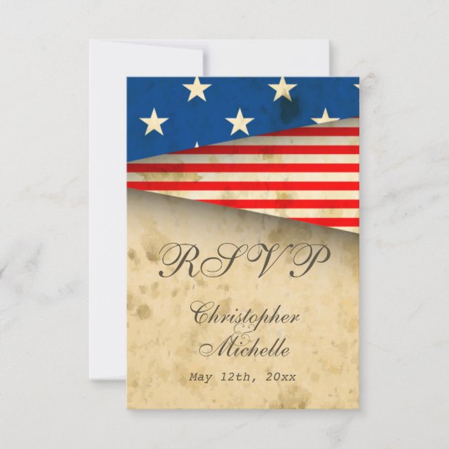 Patriotic US Flag Vintage Style Wedding RSVP Cards (front side)