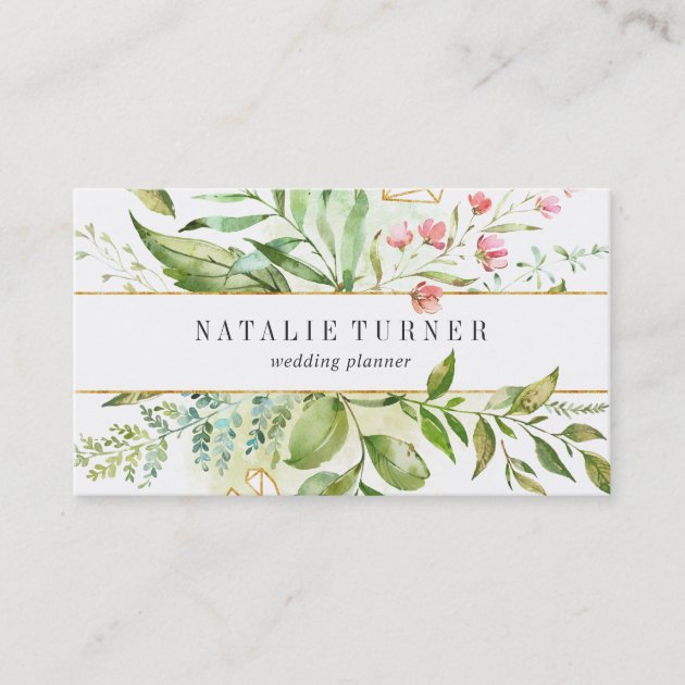 Watercolor Wild Floral Green Foliage Business Card (front side)