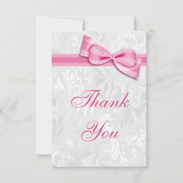 White Damask and Pink Faux Bow Thank You