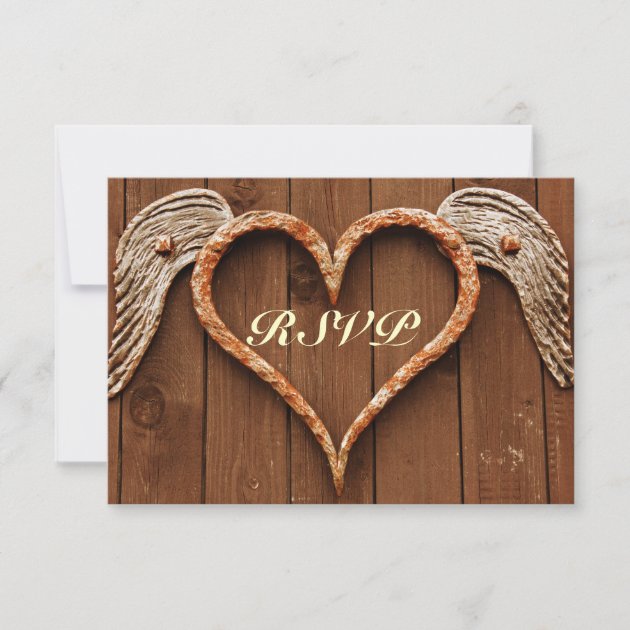 Rustic Heart with Wings Wood Wedding RSVP Cards