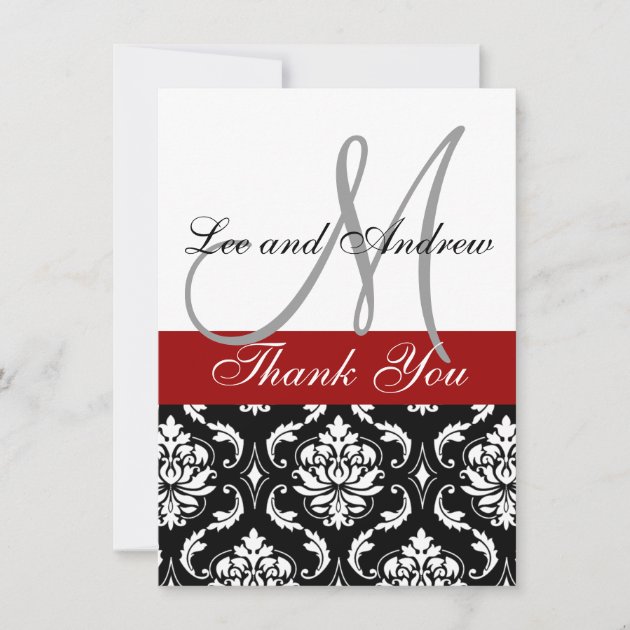 Thank You Cards with Monogram Names Red Damask