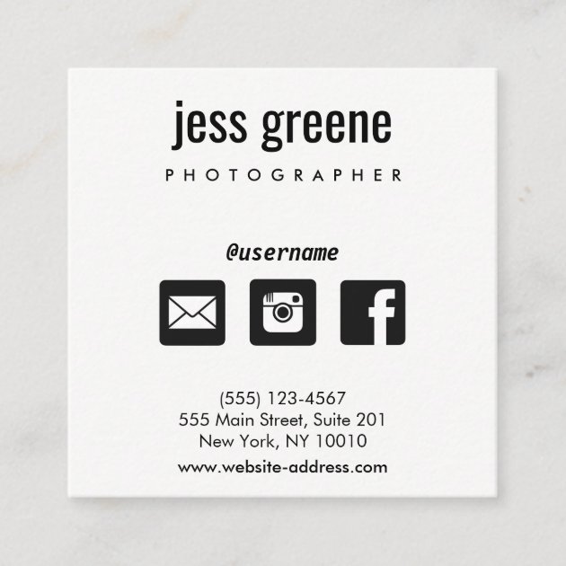 Professional Black and White Social Media Icons Square Business Card (front side)