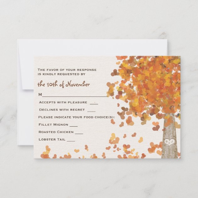 Carved Initials Tree Wedding RSVP Response Card (front side)