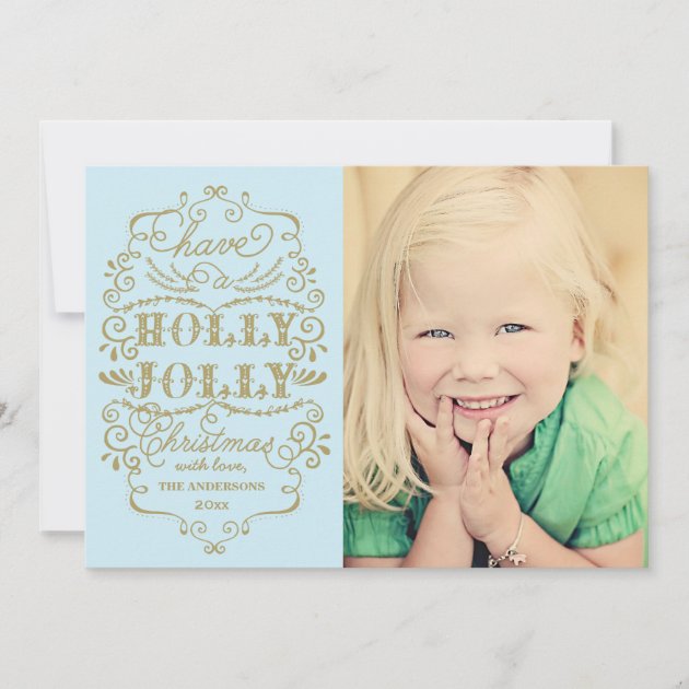 Chic Blue Holly Jolly Christmas Custom Photo Cards