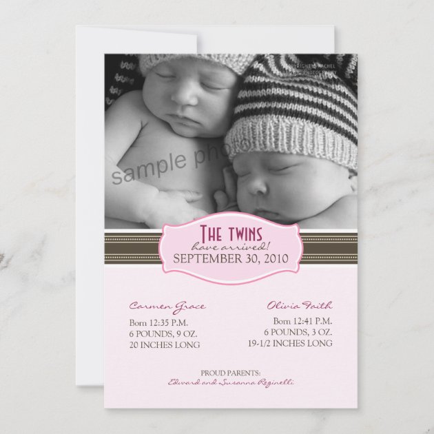 Elegant Twins Birth Announcement: Baby Pink Announcement (front side)