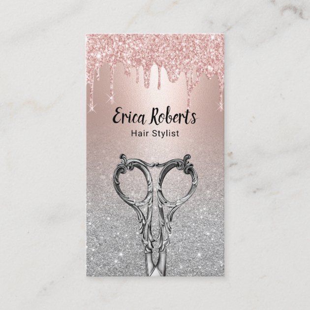 Hair Stylist Rose Gold Drips Silver Glitter Salon Business Card (front side)