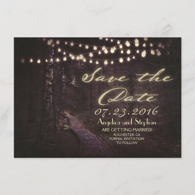 string of lights rustic trees save the date