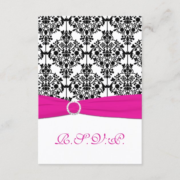Pink, White and Black Damask Reply Card 2