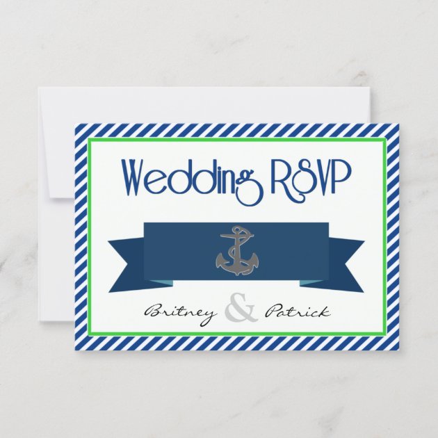Navy Blue Green White Nautical Wedding RSVP Cards (front side)