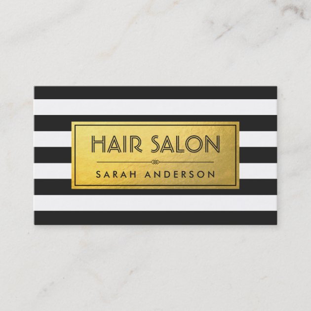 HAIR SALON - Gold Label and Black White Stripes Business Card (front side)