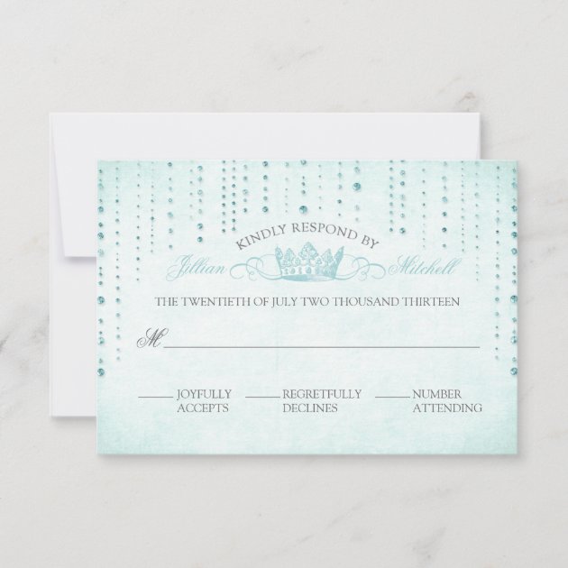 Aqua Sparkles & Crown Fairytale Wedding RSVP Card