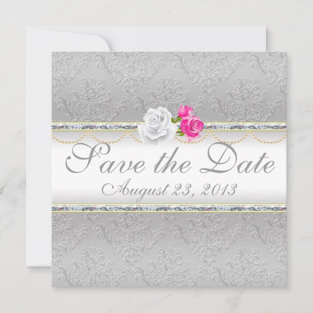 Elegant Silver Damask and Pink Rose Save the Date