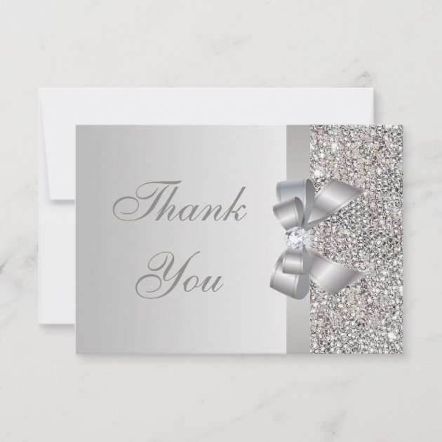 Silver Sequins, Bow & Diamond Wedding Thank You