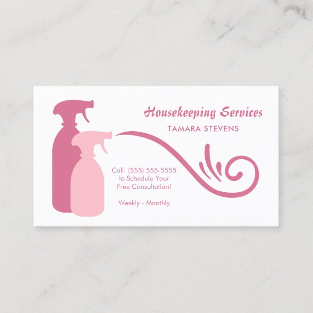 Chic Pink Spray Bottles Housekeeping Services Business Card (front side)