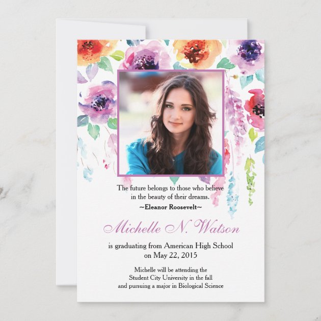 Elegant Watercolor Floral Graduation Announcement (front side)
