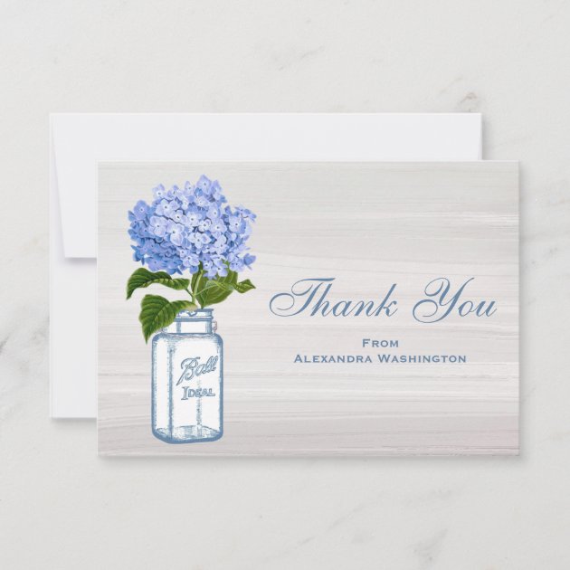 Mason Jar & Blue Hydrangea Grey Thank You Cards