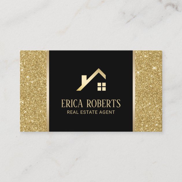 Real Estate Agent Black & Gold Glitter Custom Logo Business Card (front side)