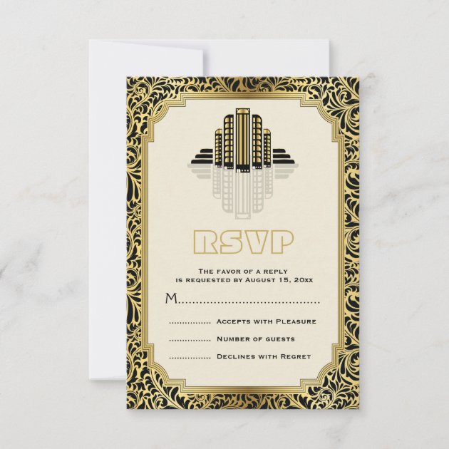 Art Deco buildings black, gold wedding RSVP