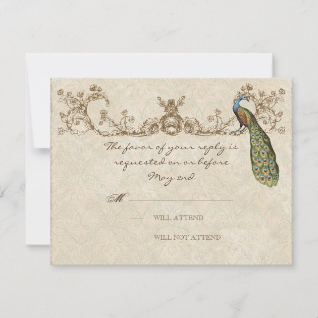 Vintage Peacock & Etchings Wedding RSVP Card