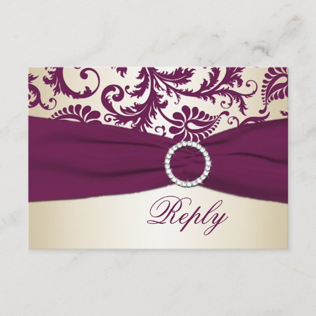 Plum and Taupe Damask with PRINTED Ribbon RSVP (front side)
