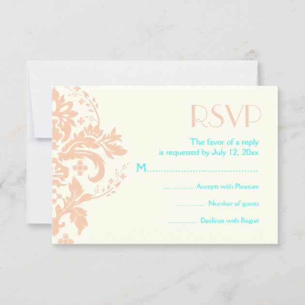 Damask peach, aqua, ivory wedding RSVP reply card