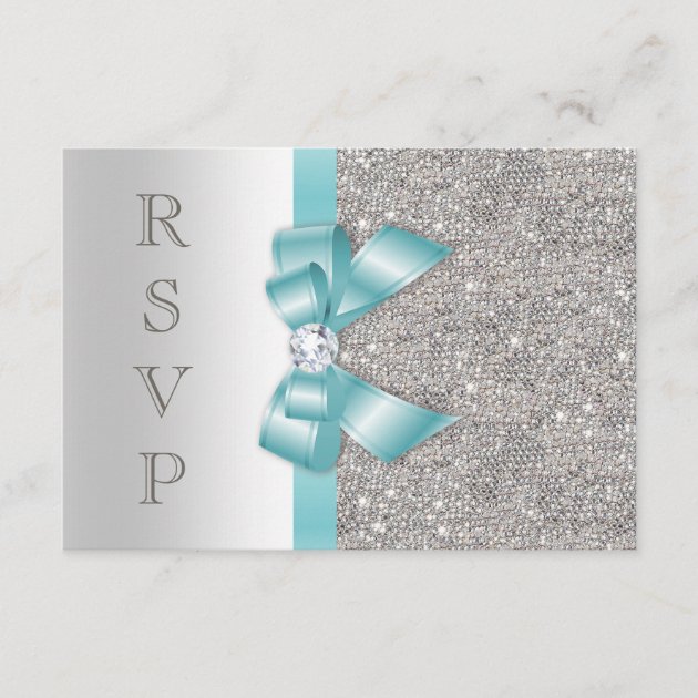 Teal Faux Bow Silver Diamonds RSVP (front side)