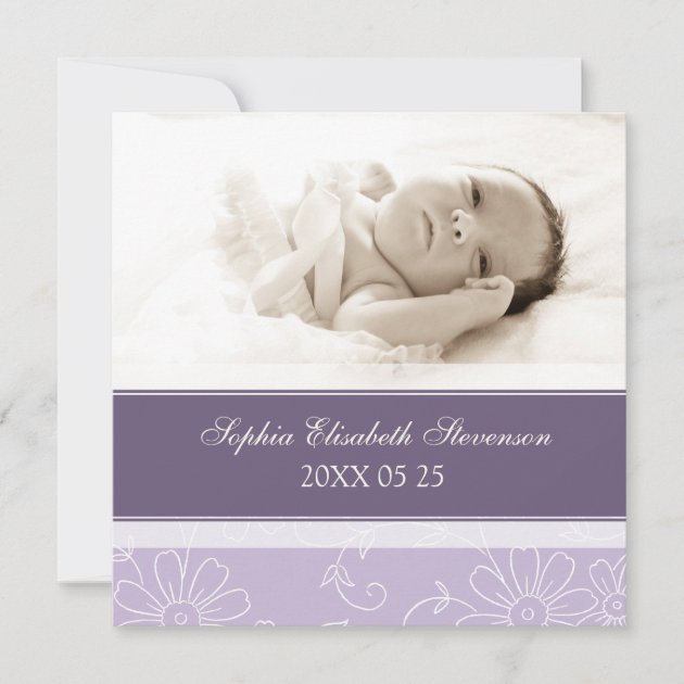 Purple Photo Template New Baby Birth Announcement (front side)